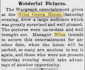 Niles Opera House - 13 Sep 1899 Article